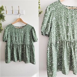Women's Olive Green All Over Print Round Neck Boho Short Sleeve Blouse Size XL